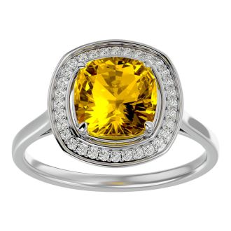 2 1/4 Carat Cushion Cut Citrine and Halo Diamond Ring In 14K White Gold