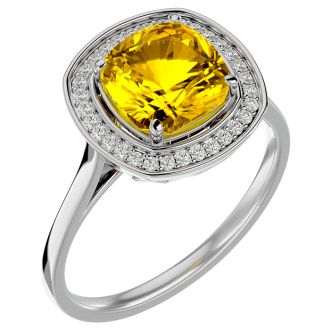 2 1/4 Carat Cushion Cut Citrine and Halo Diamond Ring In 14K White Gold