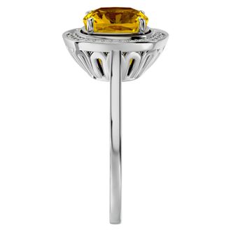2 1/4 Carat Cushion Cut Citrine and Halo Diamond Ring In 14K White Gold