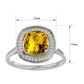 2 1/4 Carat Cushion Cut Citrine and Halo Diamond Ring In 14K White Gold