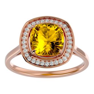 2 1/4 Carat Cushion Cut Citrine and Halo Diamond Ring In 14K Rose Gold