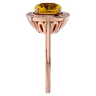 2 1/4 Carat Cushion Cut Citrine and Halo Diamond Ring In 14K Rose Gold