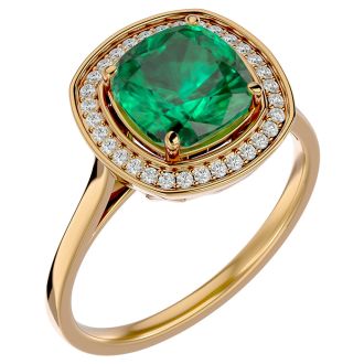 2 1/4 Carat Cushion Cut Emerald and Halo Diamond Ring In 14K Yellow Gold