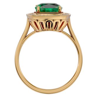 2 1/4 Carat Cushion Cut Emerald and Halo Diamond Ring In 14K Yellow Gold