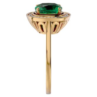 2 1/4 Carat Cushion Cut Emerald and Halo Diamond Ring In 14K Yellow Gold