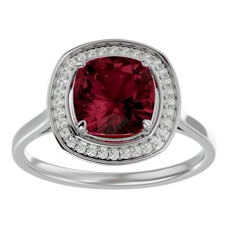 Garnet Ring: Garnet Jewelry: 3 1/4 Carat Cushion Cut Garnet and Halo Diamond Ring In 14K White Gold