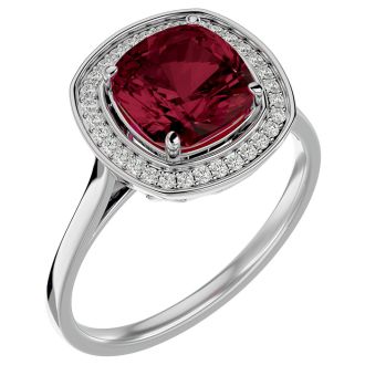 Garnet Ring: Garnet Jewelry: 3 1/4 Carat Cushion Cut Garnet and Halo Diamond Ring In 14K White Gold