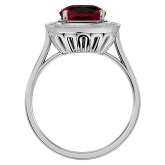 Garnet Ring: Garnet Jewelry: 3 1/4 Carat Cushion Cut Garnet and Halo Diamond Ring In 14K White Gold