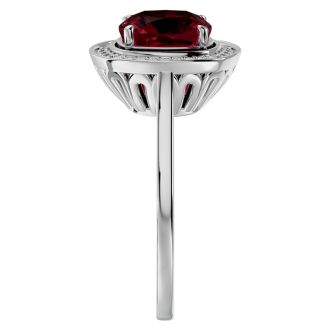 Garnet Ring: Garnet Jewelry: 3 1/4 Carat Cushion Cut Garnet and Halo Diamond Ring In 14K White Gold
