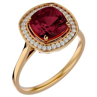 Garnet Ring: Garnet Jewelry: 3 1/4 Carat Cushion Cut Garnet and Halo Diamond Ring In 14K Yellow Gold