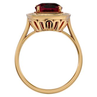 Garnet Ring: Garnet Jewelry: 3 1/4 Carat Cushion Cut Garnet and Halo Diamond Ring In 14K Yellow Gold