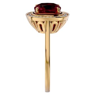 Garnet Ring: Garnet Jewelry: 3 1/4 Carat Cushion Cut Garnet and Halo Diamond Ring In 14K Yellow Gold