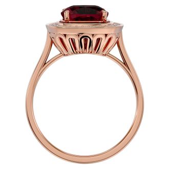 Garnet Ring: Garnet Jewelry: 3 1/4 Carat Cushion Cut Garnet and Halo Diamond Ring In 14K Rose Gold