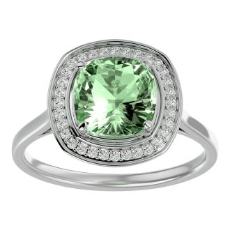 2 1/4 Carat Cushion Cut Green Amethyst and Halo Diamond Ring In 14K White Gold