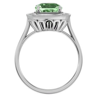 2 1/4 Carat Cushion Cut Green Amethyst and Halo Diamond Ring In 14K White Gold