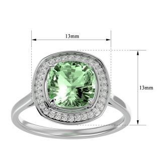 2 1/4 Carat Cushion Cut Green Amethyst and Halo Diamond Ring In 14K White Gold