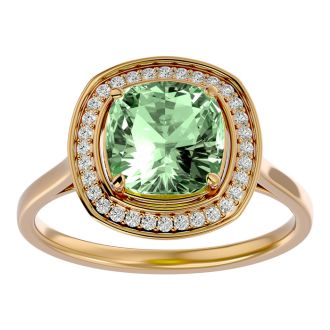 2 1/4 Carat Cushion Cut Green Amethyst and Halo Diamond Ring In 14K Yellow Gold