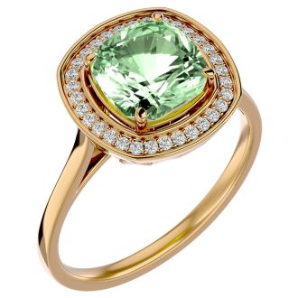 2 1/4 Carat Cushion Cut Green Amethyst and Halo Diamond Ring In 14K Yellow Gold