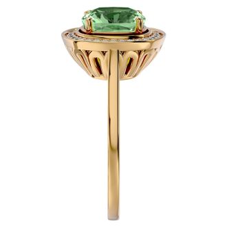 2 1/4 Carat Cushion Cut Green Amethyst and Halo Diamond Ring In 14K Yellow Gold