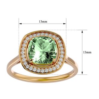 2 1/4 Carat Cushion Cut Green Amethyst and Halo Diamond Ring In 14K Yellow Gold
