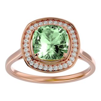 2 1/4 Carat Cushion Cut Green Amethyst and Halo Diamond Ring In 14K Rose Gold