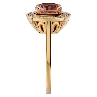 3-1/4 Carat Cushion Cut Morganite and Halo Diamond Ring In 14K Yellow Gold