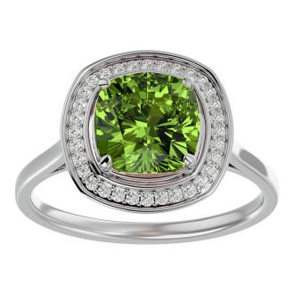 2 3/4 Carat Cushion Cut Peridot and Halo Diamond Ring In 14K White Gold