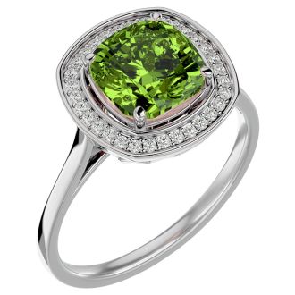2 3/4 Carat Cushion Cut Peridot and Halo Diamond Ring In 14K White Gold