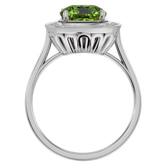 2 3/4 Carat Cushion Cut Peridot and Halo Diamond Ring In 14K White Gold