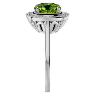 2 3/4 Carat Cushion Cut Peridot and Halo Diamond Ring In 14K White Gold