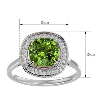 2 3/4 Carat Cushion Cut Peridot and Halo Diamond Ring In 14K White Gold
