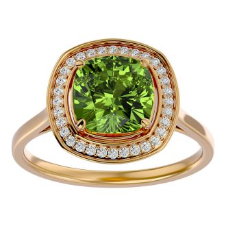 2 3/4 Carat Cushion Cut Peridot and Halo Diamond Ring In 14K Yellow Gold
