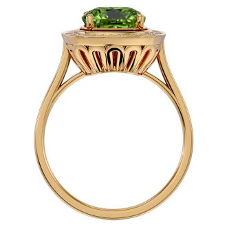 2 3/4 Carat Cushion Cut Peridot and Halo Diamond Ring In 14K Yellow Gold