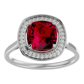 3 1/4 Carat Cushion Cut Ruby and Halo Diamond Ring In 14K White Gold