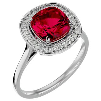 3 1/4 Carat Cushion Cut Ruby and Halo Diamond Ring In 14K White Gold