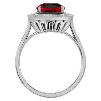 3 1/4 Carat Cushion Cut Ruby and Halo Diamond Ring In 14K White Gold