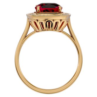 3 1/4 Carat Cushion Cut Ruby and Halo Diamond Ring In 14K Yellow Gold