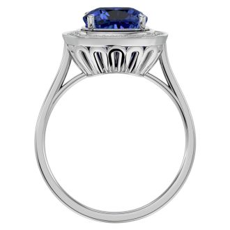 2 3/4 Carat Cushion Cut Tanzanite and Halo Diamond Ring In 14K White Gold