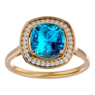 2 3/4 Carat Cushion Cut Blue Topaz and Halo Diamond Ring In 14K Yellow Gold
