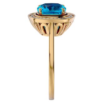 2 3/4 Carat Cushion Cut Blue Topaz and Halo Diamond Ring In 14K Yellow Gold
