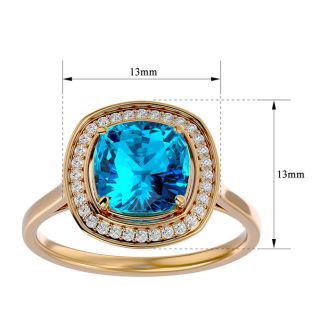 2 3/4 Carat Cushion Cut Blue Topaz and Halo Diamond Ring In 14K Yellow Gold