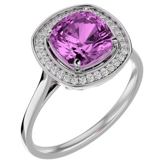 2 3/4 Carat Cushion Cut Pink Topaz and Halo Diamond Ring In 14K White Gold