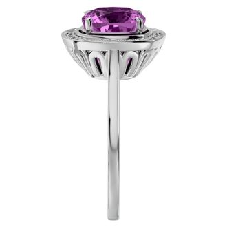 2 3/4 Carat Cushion Cut Pink Topaz and Halo Diamond Ring In 14K White Gold