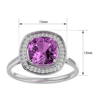2 3/4 Carat Cushion Cut Pink Topaz and Halo Diamond Ring In 14K White Gold