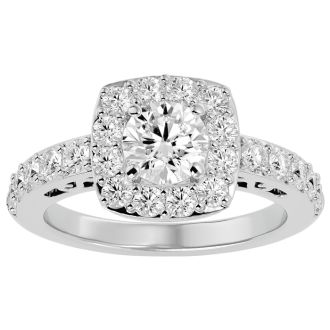 Moissanite Engagement Ring; 2 1/2 Carat Moissanite Halo Engagement Ring In 14 Karat White Gold