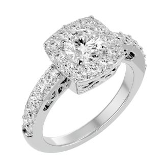 Moissanite Engagement Ring; 2 1/2 Carat Moissanite Halo Engagement Ring In 14 Karat White Gold