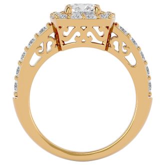 Moissanite Engagement Ring; 2 1/2 Carat Moissanite Halo Engagement Ring In 14 Karat Yellow Gold