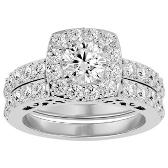 Moissanite Engagement Ring; 3 Carat Moissanite Bridal Set In 14 Karat White Gold