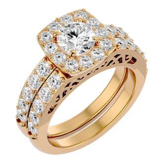 Moissanite Engagement Ring; 3 Carat Moissanite Bridal Set In 14 Karat Yellow Gold
