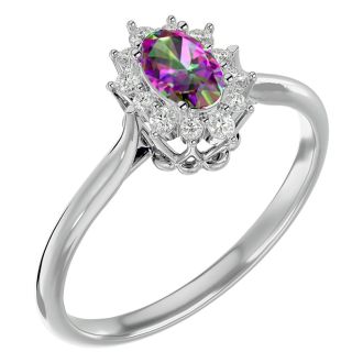 2/3 Carat Oval Shape Mystic Topaz Ring With Diamond Halo In 1.4 Karat White Gold™